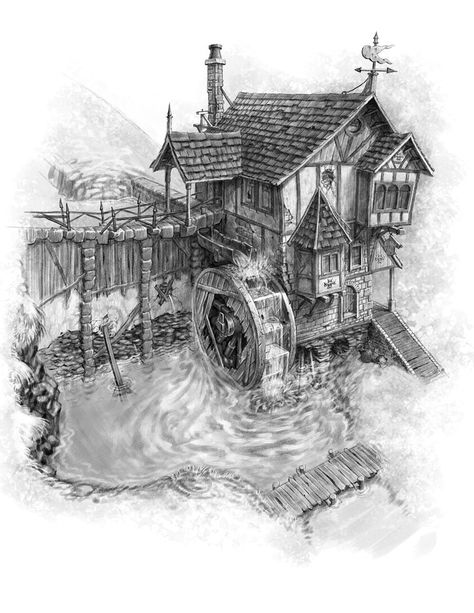 Watermill Drawing, Medieval Village Drawing, Fantasy House Drawing Sketch, Watermill Concept Art, Windmill Fantasy Art, Fantasy Windmill, Mordheim Board, Medieval Watermill, Haunted House Drawing