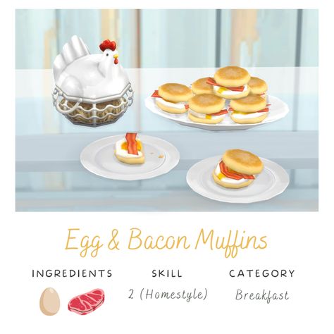 Egg & Bacon Muffins | Patreon Sims 4 Restaurant, Bacon Muffins, Breakfast Ingredients, Cooking Bacon, Sims 4 Gameplay, Custom Recipe, The Sims 4 Download, Sims 4 Cc Furniture, Milk N Cookies