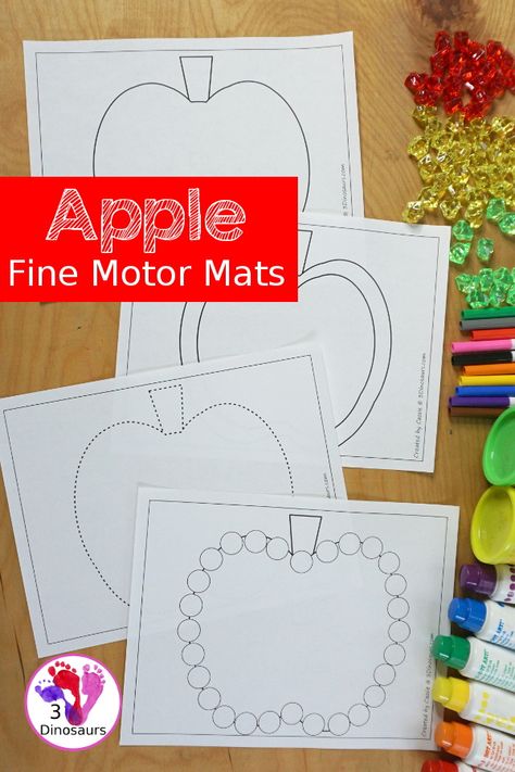 Free Apple Fine Motor Mat Printable - with 4 different apple mats for you to use with kids with an apple template, apple tracing, apple dot marker and apple dot marker printable - 3Dinosaurs.com #freeprintable #tot #preschool #prek #finemotor #finemotormats #appleforkids #appleprintable #3dinosaurs Apple Tracing Printable, Apple Dot Painting Printable, Apple Playdough Mats, Apple Fine Motor Activities Preschool, Apple Fine Motor Activities, Free Apple Printables, Apple Fine Motor, Adaptive Activities, Apple Sensory