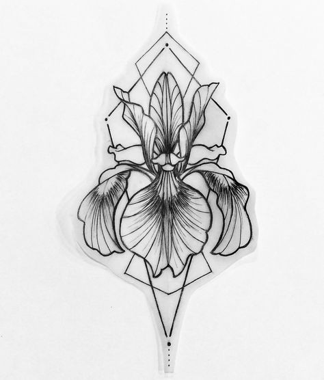 Iris tattoo design idea Geometric Iris Tattoo, Geometric Bee Tattoo Design, Iris And Peony Tattoo, Black And Grey Iris Tattoo, Iris Flowers Drawing Tattoo Ideas, Symmetrical Flower Design, Iris Forearm Tattoo, Iris Flower Tattoo Design, Iris Hand Tattoo