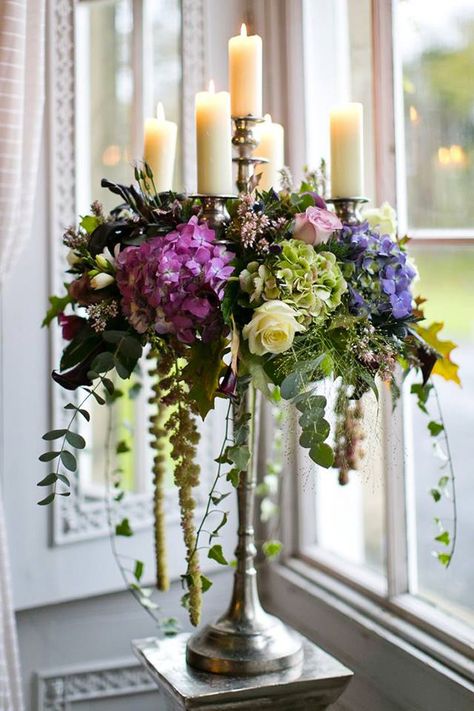 elegant purple candelabra wedding centerpiece  ~  we ❤ this! moncheribridals.com Candelabra Flowers, Candelabra Wedding Centerpieces, Candelabra Wedding, Hydrangeas Wedding, Church Flowers, Intimate Wedding Ceremony, Deco Floral, Wedding Table Centerpieces, Flower Centerpieces