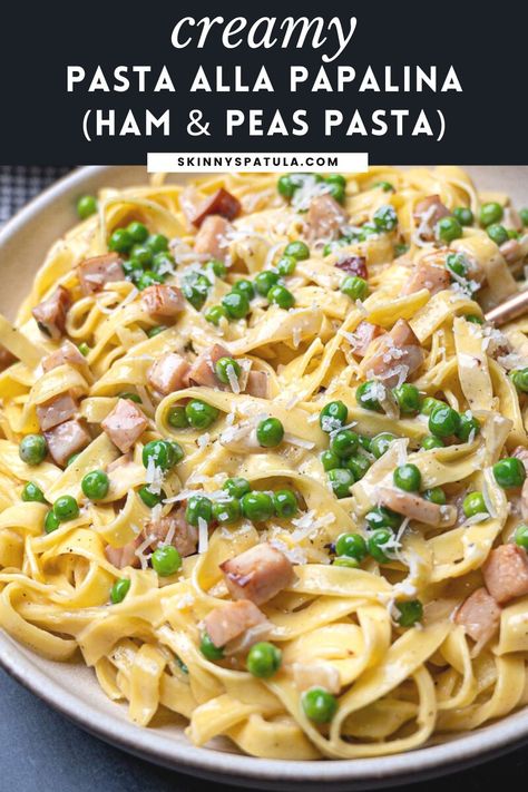 Pasta alla papalina is a creamy ham and peas pasta that’s easy to make and beyond delicious. Think of these fettuccine alla papalina as carbonara on steroids, with lots of parmesan cheese, ham instead of guanciale, and a surprise ingredient in the form of peas. Ham And Pea Carbonara, Ham Carbonara Recipe, Ham And Peas Pasta, Ham Pasta Recipes, Ham Peas And Pasta, Traditional Carbonara, Ham And Peas, Peas Pasta, Pasta Entrees