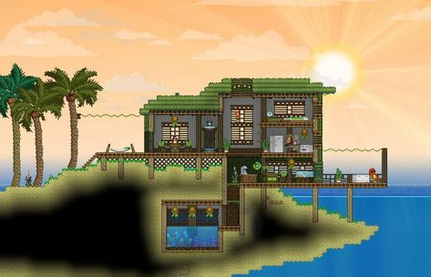 Lounging on the dock Beach House Terraria, Terraria Beach House, Starbound Building, Terraria Houses, Terraria Design, Beach House Designs, Terraria Game, Terrarium Base, Terraria Tips