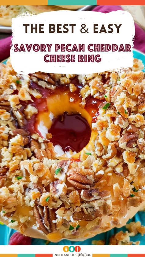 Savory Pecan Cheddar Cheese Ring Pecan Cheddar Cheese Ring, Pecan Appetizers, Cheese Ring With Strawberry Preserves, Strawberry Preserves Recipe, Best Spaghetti Recipe, Cheese Ring, Gluten Free Holiday Recipes, Gluten Free Travel, Gluten Free Sides Dishes