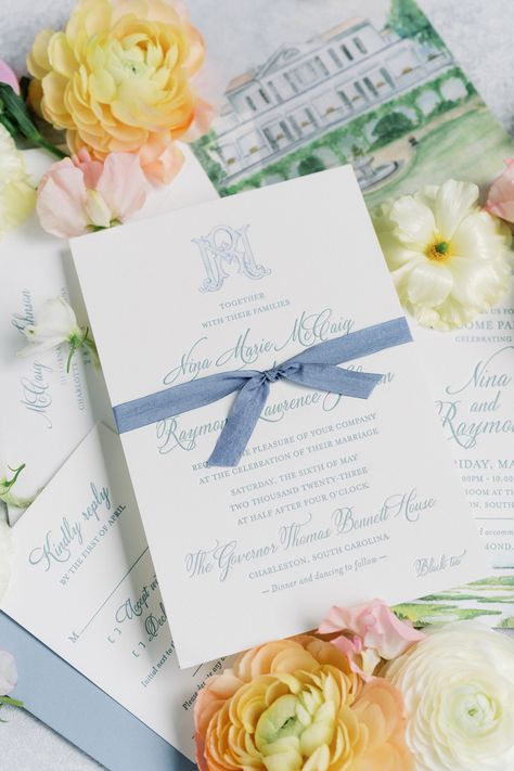 Tone on Tone! We say it a lot, but it's one of our favorite combos! 🩵💙 Blue ribbon on blue letterpress! . #weddingstationery #customstationery #charlestonstationery #chs #studiordesign #charlestonwedding #charlestonbride #lowcountrywedding #invitationsuite #customweddingpaper #weddingpaper #stationery #weddinginvitations #invitations #graphicdesigners #southernwedding #weddingideas #southerncharm #dreamwedding #brides #personalizedstationery #envelopeliner #toneontone Ribbon On Wedding Invites, Wedding Invite With Ribbon, Wedding Invitation Suite Ribbon, Grand Millennial Wedding Invitation, Blue Coastal Wedding Invitations, Charleston Bride, Venue Sketch, Lowcountry Wedding, Classic Wedding Invitations