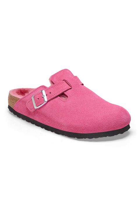 Birkenstock Boston Shearling for Women in Pink Boston Shearling, Birkenstock Boston Shearling, Birkenstock Styles, Birkenstock Style, Two Strap Sandals, Boys Sandals, Birkenstock Women, Suede Fashion, Calf Muscles