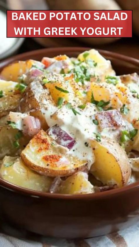 Baked Potato Salad With Greek Yogurt – Epic Cooker Greek Yogurt Salad Dressing, Yogurt Salad, Baked Potato Salad, Making Baked Potatoes, Fresh Potato, Yummy Salad Recipes, Crispy Bacon, How To Make Salad, Side Dish Recipes