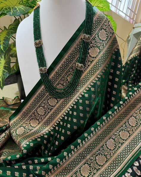 Bottle green Banarasi semi silk saree comes with golden buttas all over saree and pallu. Beautiful green crystal neckpiece paired from @kattam.in #sarees #bottlegreensarees #traditionalsaree #satinsilksaree #occationalwear Bottle Green Silk Saree, Bottle Green Saree, Green Silk Saree, Banarasi Saree, Bottle Green, Green Crystal, Traditional Sarees, Banarasi Sarees, Green Silk