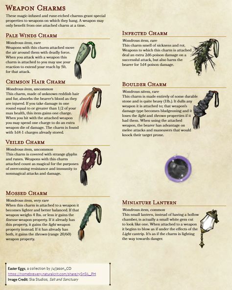 Weapon Charms, items to give weapons extra effects. Some Easter Eggs from Salt and Sanctuary. - Imgur Dnd Magic Armor Homebrew, Dnd Home Brew Items, Dnd Pirate Campaign, Dnd 5e Magic Items, D&d Magic Items, Dnd Blacksmith, Fantasy Items Art, Dnd Characters Character Concept, Dnd Homebrew Items