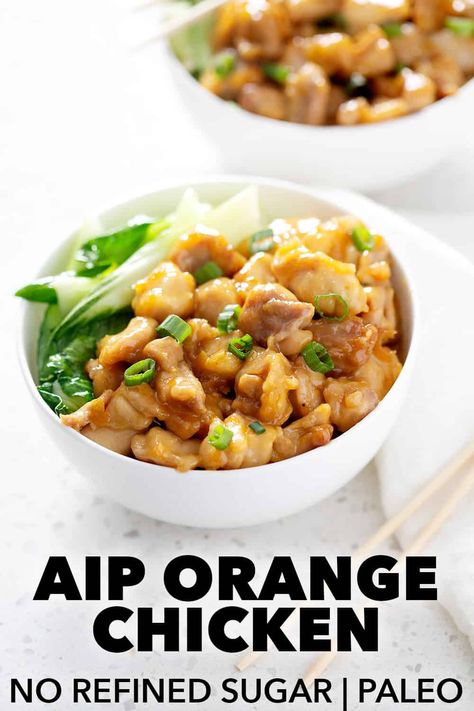 This AIP Orange Chicken is a delicious AIP version of Chinese takeout. It’s made with whole ingredients, healthy oils and zero refined sugar. It tastes great and much better for you! Aip Chinese Recipes, Aip Ground Chicken, Aip Instant Pot Chicken, Aip Orange Chicken, Aip Eating Out, Paleo Food List, American Chinese Food, Autoimmune Recipes, Paleo Chicken Recipes