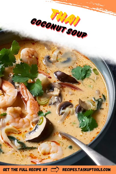 Experience a culinary journey through Thai cuisine with this flavorful Thai Coconut Soup. Rich, creamy, and loaded with authentic flavors, this soup is a delightful blend of savory and sweet. Packed with healthy veggies, aromatic herbs, and creamy coconut milk, it's not just comforting but also health-giving. Pin this recipe to easily whip up an exotic dinner, immerse your taste buds into the heart of Thailand. Ideal for cozy dinner nights or meal prep. #ThaiCuisine #SoupRecipe # Coconut Milk Thai Recipes, Potsticker Coconut Soup, Coconut Milk Soups, Soups With Coconut Milk, Coconut Soup Thai, Thai Soup Recipes Coconut, Thai Soups, Thai Soup Recipes, Prawn Soup