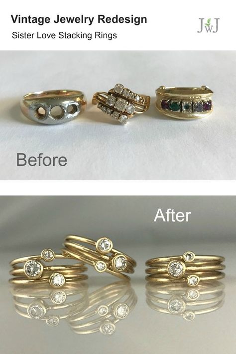 Before & After: My client inherited the 3 vintage rings from her grandparents. They were sentimental but she'd never wear them as they were in disrepair and outdated. We extracted the diamonds and melted down the yellow gold to create 3 sweet and stylish stacking rings. One ring set for her and 2 were created for her sisters as a surprise. #VintageJewelleryRedesign #AlternativeBridal #RecycledDiamonds Ring Redesign Before And After, Jewellery Redesign, Wedding Ring Redesign, Jewelry Redesign, Ring Redesign, Extra Jewelry, Heirloom Rings, Tanzanite Engagement Ring, Husband Gifts