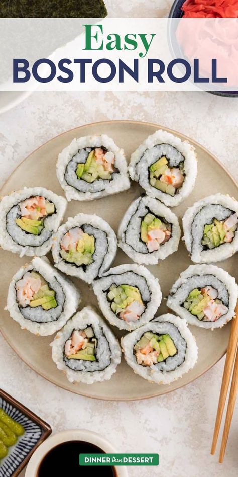 Boston Rolls are a type of sushi roll loaded with amazing flavors of shrimp, creamy mayonnaise, avocado, and cucumber. Try it today! Peanut Avocado Sushi Roll, Shrimp Sushi Rolls, Type Of Sushi, Shrimp Filling, Types Of Sushi Rolls, Sushi Fillings, Avocado And Cucumber, Crab Sushi, Slow Cooker Appetizers