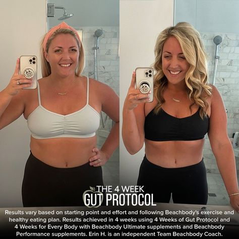 4 Week Gut Protocol Results: Erin Lost: 11.4 lbs., 10.3″ total, 3″ off waist “I was diagnosed with a leaky gut… and was feeling awful, bloated, inflamed, and in pain. After doing the program, I had less bloat and inflammation, more energy, clear up of psoriasis, and a mental shift of eating to feel good. The results kept me motivated. It feels good to feel good!” 4 Week Gut Protocol Results, 4 Week Gut Protocol Meal Plan, Gut Protocol Meal Plan, Gut Protocol Recipes, 4 Week Gut Protocol, Elimination Diet Meal Plan, All The Healthy Things, Gut Protocol, Team Beachbody Coach