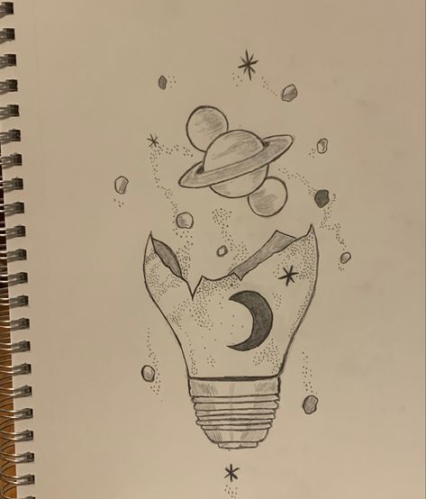 Bulb Drawing Ideas, Lightbulb Art Drawing, Spaced Out Drawing, Flower In Lightbulb Drawing, Lightbulb Drawings Creative, Space Drawings Ideas, Saturnus Art, Space Drawings Easy, Lightbulb Sketch