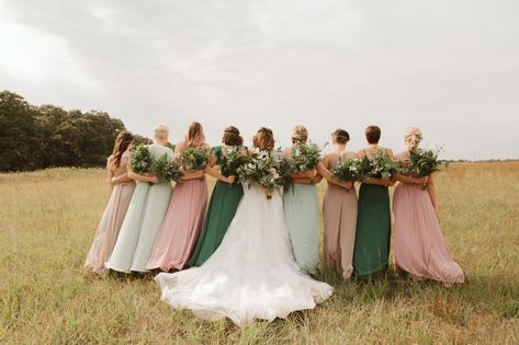 Our bridesmaids dress pallete included dusty rose, sage green, taupe, and dark green. It's exactly what I hoped it would be and more! Dream Wedding Bridesmaids, Mix And Match Bridesmaids, Wedding Bridesmaids Dress, Sage Green Wedding Theme, Hunter Green Wedding, Forest Green Wedding, Dark Green Wedding, Mauve Bridesmaid, Pink Green Wedding