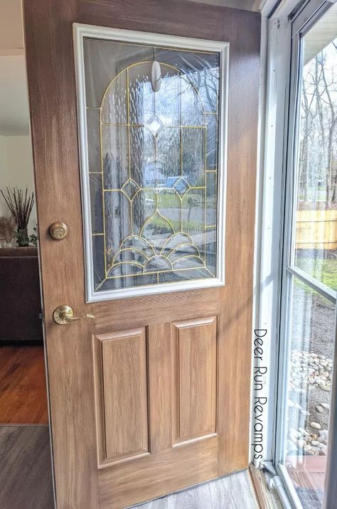 Front Door Makeover Using Liquid Wood - From Boring To Stained Wood | Hometalk Staining Fiberglass Door, Wood Door Paint, Stained Front Door, Retique It, Liquid Wood, Faux Wood Paint, Metal Front Door, Steel Front Door, Glass Doors Patio