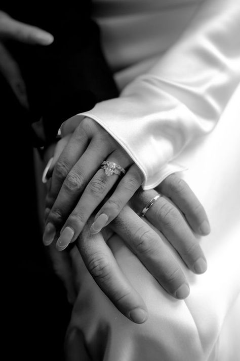 Real Wedding | Caitlin + Abe Wedding Photos Rings, Wedding Photos Hands, Wedding Ring Photos Hands, Wedding Holding Hands Photography, Aurora Harper, Risque Wedding Photos, Black And White Wedding Details Photo, Wedding Ring Photos, Jonathan King