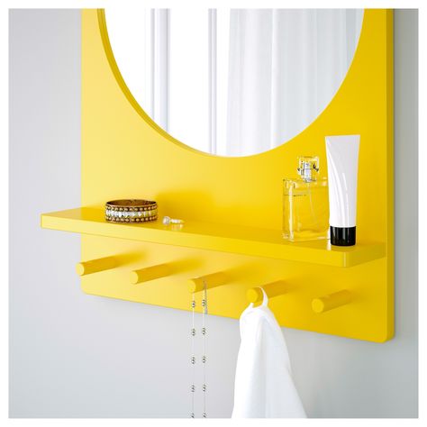 IKEA SALTROD Yellow Mirror with shelf and hooks Ikea Saltröd, Vanity Corner, Shelf And Hooks, Ikea Yellow, Apartment Planning, Yellow Bathroom Decor, Ikea Mirror, Large Tub, Bathroom Necessities