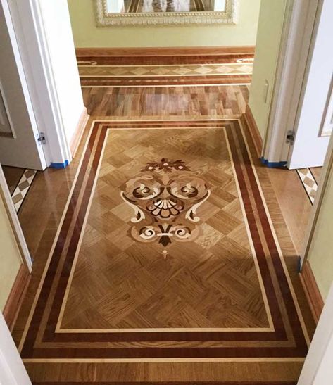 Picture of Hallway wood inlay design, ID518. Example of custom floors, medallions, inlays, borders and parquet, marble waterjet medallions Wood Floor Border Ideas, Wood Inlay Designs, Elegant Tile Flooring, Classic Wood Floors, Marble Inlay Floor, Floor Inlay, Marble Waterjet, Flooring Parquet, Inlay Flooring