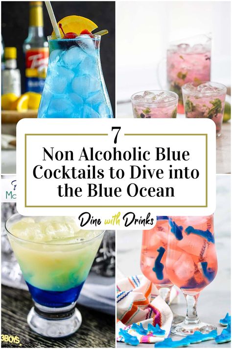 Collage of 4 non alcoholic blue cocktails. Ocean Theme Cocktail, Ocean Mocktails, Ocean Themed Cocktails, Mamma Mia Mocktails, Blue Mocktails Non Alcoholic, Refreshing Drinks Nonalcoholic, Blue Cocktail Recipes, Blue Mocktail Recipe, Blue Mocktail