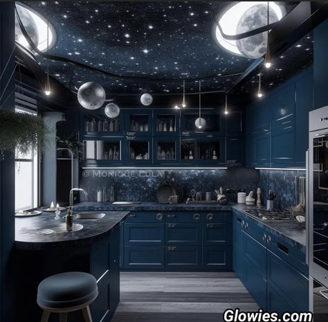 Celestial Bathroom Aesthetic, Galaxy Home Decor, Dark Blue Apartment Aesthetic, Galaxy Bathroom Ideas, Celestial Kitchen, Galaxy Kitchen, Space House, Fantasy Rooms, Space Kitchen