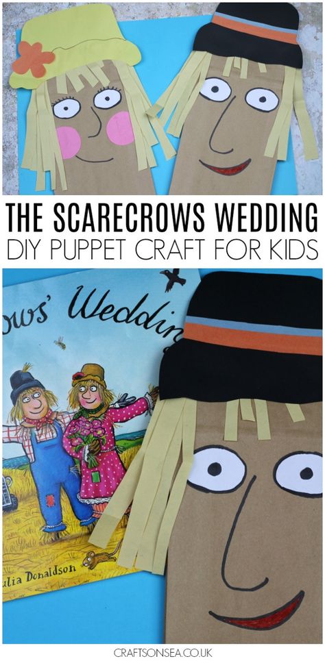 Looking for some fun Julia Donaldson activities? We love this The Scarecrows Wedding craft as it's great for practising scissor skills and perfect for a bit of imaginative play as you re-tell the Julia Donaldson story. Perfect for preschoolers or older and full instructions and a video tutorial too just in case! #kidscrafts #kidsactivities Otis And The Scarecrow Activities, The Scarecrows Wedding Activities Eyfs, Wedding Paper Bag, Scarecrow Lesson Plans For Toddlers, Julia Donaldson Activities, Scarecrow Learning Activities, Scarecrow Song, The Scarecrows Wedding, Easy Paper Bag