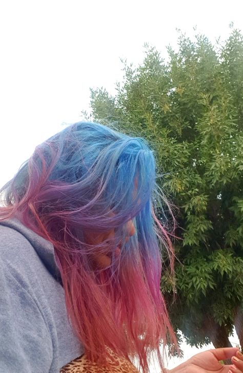 Blue To Pink Ombre Hair, Blue Roots Pink Hair, Colourful Hair Aesthetic, Blue Hair Pink Tips, Light Blue And Pink Hair, Cool Dyed Hair Ideas Short With Bangs, Dye Hair Aesthetic, Lavender Blue Hair, Pastel Teal Hair