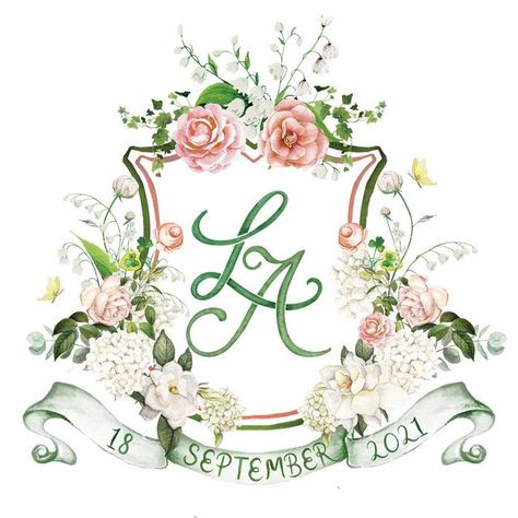 Arabella June on Instagram: "Dearest Angelique & Laurence happy wedding day to the 2 of you! I feel incredibly honoured to have been part of it in some small way. May your day be joyful and beautiful . . . . . #weddingcrest #wedding #bespoke #handpainted #watercolor #watercolour #crest #customwedding #customcrest #monogram #weddinglogo #floral #customillustration #heraldry #blooms #initials #weddingideas #brides #bespokewedding #sodarling #watercolorcrest #weddingflowers #sopretty #weddinginspir Floral Crest Logo, Watercolor Crest, Watercolour Monogram, Hydrangea Wedding Crest, Watercolor Wedding Monogram, Chalkboard Writing, Crest Monogram, Floral Wedding Invitation Card, Wedding Logo Monogram