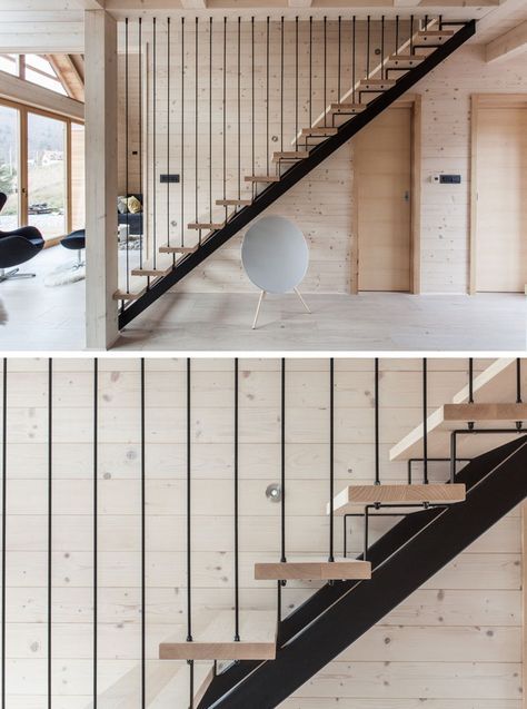 Black steel and light wood stairs lead to the upper floor of this modern house. Stairs Steel, Exterior Staircase, Steel Stairs Design, Staircase Design Modern, Iron Railings, Steel Stairs, Exterior Stairs, Metal Stairs, Floating Stairs