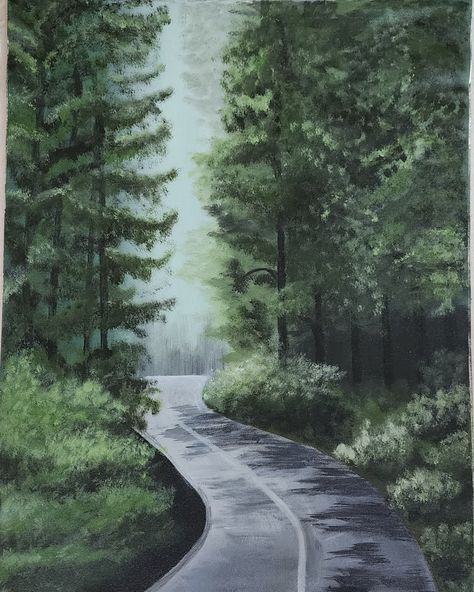 View or forest road drive Twilight Painting, Road Drawing, Road Painting, Forest Drawing, Landscape Painting Tutorial, Forest Road, Forest Painting, Small Paintings, Aurora Borealis