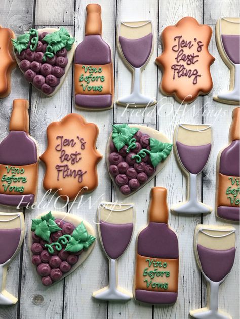 Winery Bachelorette Sugar Cookies #FieldOfWings #Winery #BacheloretteParty #LastFling #Wine Cocktail Cookies, Wine Cookies, Theme Cookies, Fruit Cookies, Vanilla Sugar Cookie, Birthday Wine, Fancy Cookies, Creative Cookies, Wine Theme