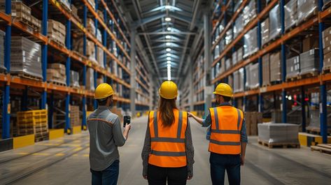 Warehouse Team Working: Three warehouse workers in safety gear inspect inventory in a well-organized, expansive storage facility. #warehouse #workers #safety #inventory #storage #facility #hardhats #vests #aiart #aiphoto #stockcake https://ayr.app/l/9M4r Inventory Storage, Warehouse Worker, Storage Facility, Safety Gear, Professional Image, Teamwork, Hard Hats, Branding, My Saves