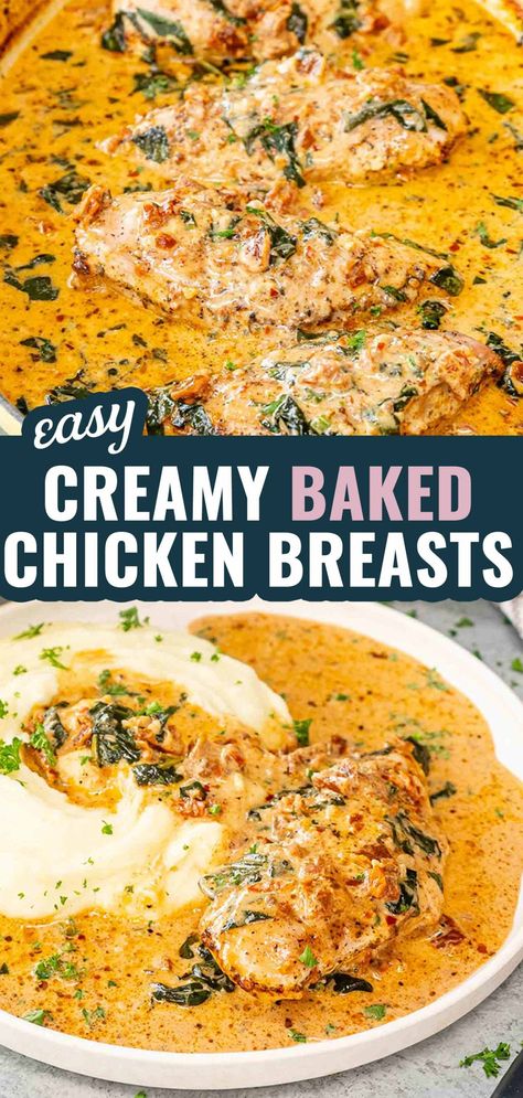 Whip up a cozy dinner tonight with this Creamy Baked Chicken Breasts recipe—easy, delicious, and sure to please! 🍗🌿 #ComfortFood #ChickenDinner Delicious Baked Chicken Recipes, Yummy Baked Chicken Recipes, Gluten Free Baked Chicken Recipes, Creamy Chicken Recipes Baked, Cozy Chicken Recipes, Baking Chicken Breast In Oven, 2 Chicken Breast Recipes, Chicken Cutlet Recipes Easy, Dinner Recipes With Chicken Breast