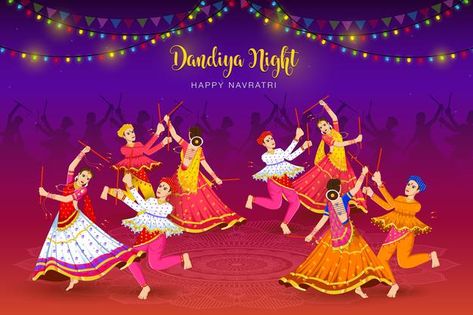 Dandiya night dancing couples at navratr... | Premium Vector #Freepik #vector #floral #flower #diwali #fashion Navratri Poster, Durga Puja Image, Happy Dasara, Dress Illustration Art, Dandiya Raas, Navratri Greetings, Dandiya Night, 2022 Illustration, Garba Night