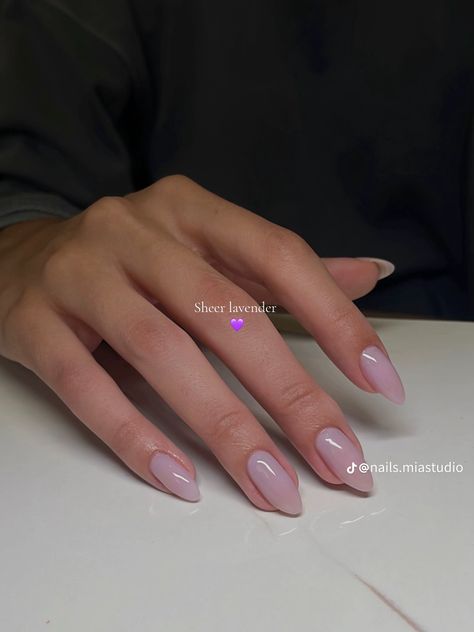 Lavender Ombre Nails Almond, Nude Purple Nail Designs, Sheer Nail Ideas, Nail Designs Spring 2024, Translucent Purple Nails, Sheer Lavender Nails, Elegant Nails For Work, Chubby Fingers With Acrylics, Nails Inspo Purple