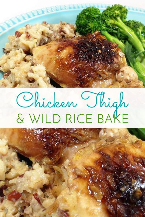 This Easy Chicken Thigh & Wild Rice Bake works great on weeknights, weekends, even for company. It will feed a crowd. It's protein packed. It’ll feed an extra friend or two at the dinner table as needed. This recipe has a few short cuts so it only takes five minutes to make. Also the perfect meal to bring to a family with a new baby or recuperating patient. A dinner that everyone loves. Wild Rice Bake, Cookbook Diy, Rice Bake Recipes, Wild Rice Recipes, Carb Cravings, Wild Rice Casserole, Rice Bake, Chicken Casseroles, Rice Casserole Recipes