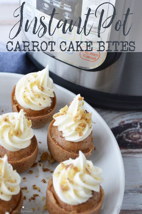 These Instant Pot Carrot Cake Bites are a delicious, easy dessert recipe that is ready in just minutes! Soft, moist bite sized carrot cake is topped with creamy cheese frosting and nuts for a dessert that is perfect for any occasion! Great to share with a crowd or just savor all to yourself! Instant Pot Carrot Cake, Carrot Cake Bites, Pot Cakes, Easy Dessert Recipe, Carrot Cake Cupcakes, Store Bought Cake, Best Carrot Cake, Cake Bites, Box Cake Mix