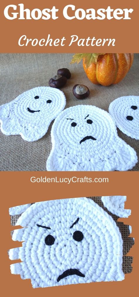 Crochet Ghost coaster or applique, Halloween decorations, DIY home décor ideas, crochet pattern, #halloween,  #halloweendecorations, #crochetghost, #crochetpattern, #crochetcoaster, #crochetapplique Crochet Therapy, Crochet Cozies, Crochet Pattern Halloween, Halloween Decorations Diy, Crochet Ghost, Halloween Applique, Fall Crochet Patterns, Crochet Eyes, Halloween Crochet Patterns