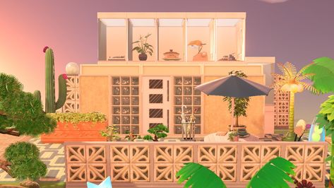 Acnh Retro House, Acnh Building Design, Acnh Mid Century Modern, Acnh Dream Address Tropical, Acnh Tropical Builds, Mid Century Modern Animal Crossing, Acnh Happy Home Paradise Tropical, Flamingo Hotel, Spring Animals