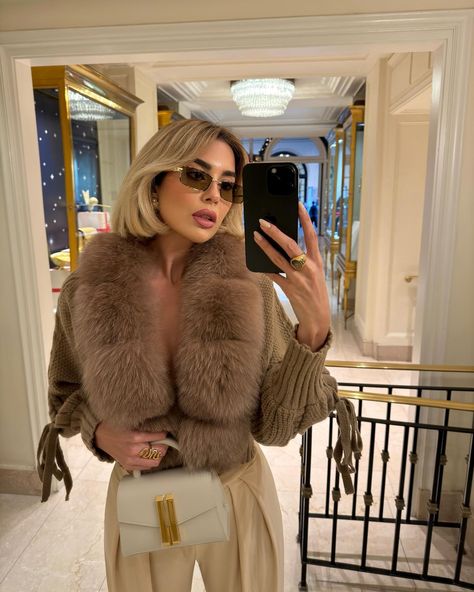 CREME CARAMEL 🤎 /// @maryamshinali wears 'BIZARRO' in bright gold / tort #Sunglasses #LeSpecs Beige Faux Fur Coat, Metal Flag, Casual Luxe, Faux Fur Cropped Jacket, Creme Caramel, Luxury Outerwear, Le Specs, Knitted Coat, Bright Gold