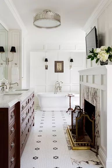 Fireplace In Bathroom, Traditional Bathroom Decor, Dark Wood Bathroom, Vintage Bathtub, Traditional Bathrooms, Penny Tile, Wood Bathroom Vanity, Elegant Interior Design, Traditional Interior Design