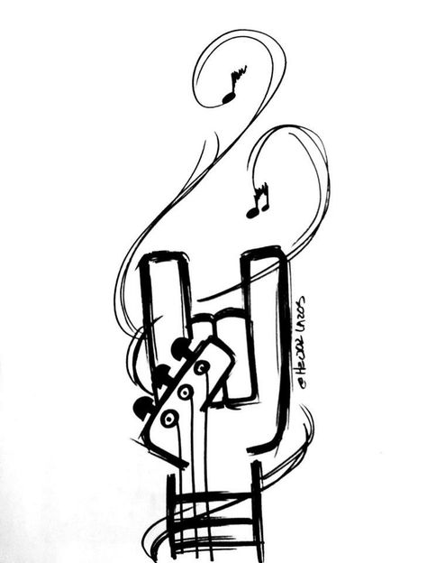 ilustracion Rock Guitar Tattoo, Music Art Sketch, Music Drawings Ideas, Musical Artwork, Drawings Ideas Easy, Rock Music Art, Metal Drawing, Metal Horns, Guitar Tattoo