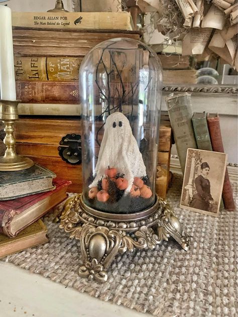 Handmade Vintage Ghost Cloche on Antique Base Ghost Cloche, Halloween Cloche, Vintage Ghost, Antique Lamp, Foam Pumpkins, Halloween Lovers, Wood Logs, Antique Lamps, Lamp Base