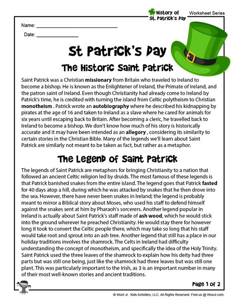 St. Patrick's Day History for Kids | Woo! Jr. Kids Activities History Of St Patrick, Saint Patricks Day Activities, St Patricks Day Worksheets, Saint Patrick's Day Activities, St Patricks Day History, St Patricks Activities, Sant Patrick, March Lessons, Spelling Homework