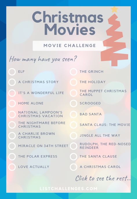 The Ultimate Christmas Movie List ~ Movie Challenge. Christmas is nearly here - but is it even Christmas without a festive movie? How many of these have you watched? Click to see the entire list! #arlotoy604 Christmas Movie Challenge, Movie Challenge, Christmas Movies List, Movie Lists, Chirstmas Decor, Netflix Movies To Watch, Christmas Playlist, Muppet Christmas Carol, Movie To Watch List