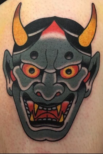 Hannya Maske Tattoo, Back Tattoos For Guys Upper, Hannya Maske, Japanese Demon Tattoo, Japanese Mask Tattoo, Traditional Japanese Tattoo Flash, Japanese Leg Tattoo, Oni Mask Tattoo, Oni Tattoo