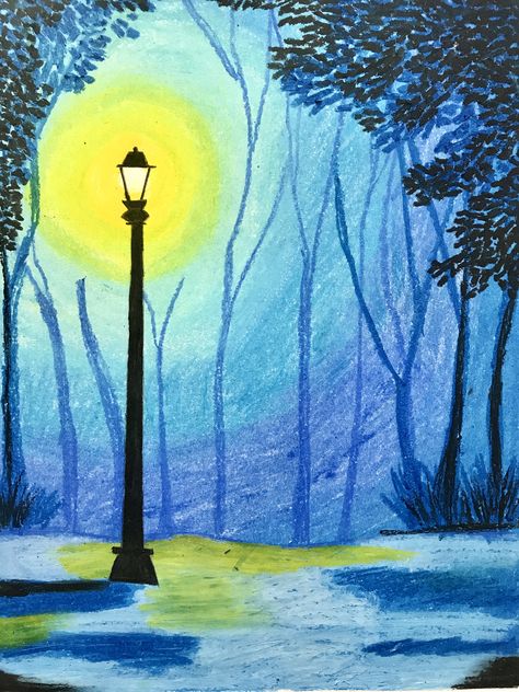 Oil Pastel Art Scenery, Pastel Lamp, Night Scenery Drawing, Watercolor Course, Scenery Drawing For Kids, Oil Pastel Landscape, Lantern Art, Scenery Drawing, Art Painting Tools