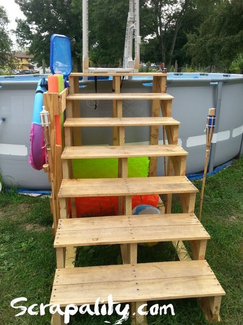 Amazing Pallet Pool Steps with Noodle Storage  #garden #outdoor #palletdiyideas #palletstair #recyclingwoodpallets #storage I needed a safer entry to our swimming pool. I used pallet boards and a few store bought pieces to make it happen. For more details visit scrapality.c... Above Ground Pool Storage Ideas, Pallet Pool Steps, Above Ground Pool Storage, Pool Storage Ideas, Noodle Storage, Pallet Stairs, Pallet Pool, Pool Deck Plans, Pool Storage