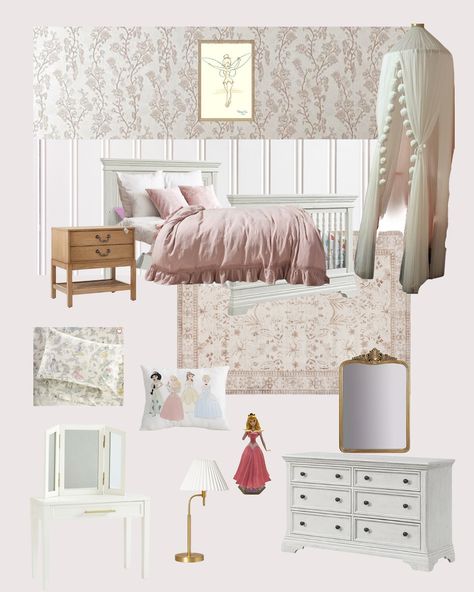 The details 🤍 Giving my princess the princess room of her dreams. Vision boards are my favorite thing to do before I tackle a space. It helps me visualize and curate and make sure it all flows together. Ah! So excited to get started soon 🥰 Modern Princess Room, Princess Bedroom Ideas, Girls Princess Bedroom, Princess Cottage, Girls Princess Room, Princess Bedrooms, Small Baby Room, Cottage Room, Big Girl Bedrooms